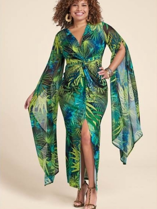 VENUS Dresses & Skirts - VENUS exaggerated bell sleeve Green Blue Tropical palm Leaf Maxi Dress J.Lo slit